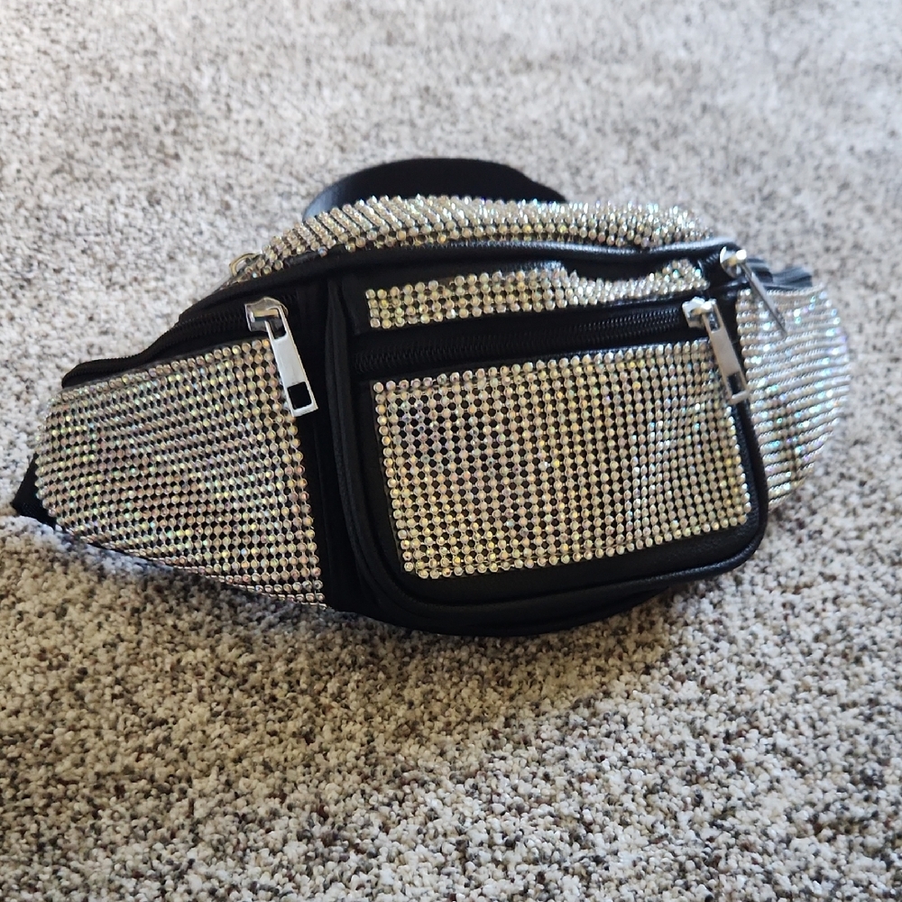 Embellished Silver Rhinestone Men's Waist Bag
